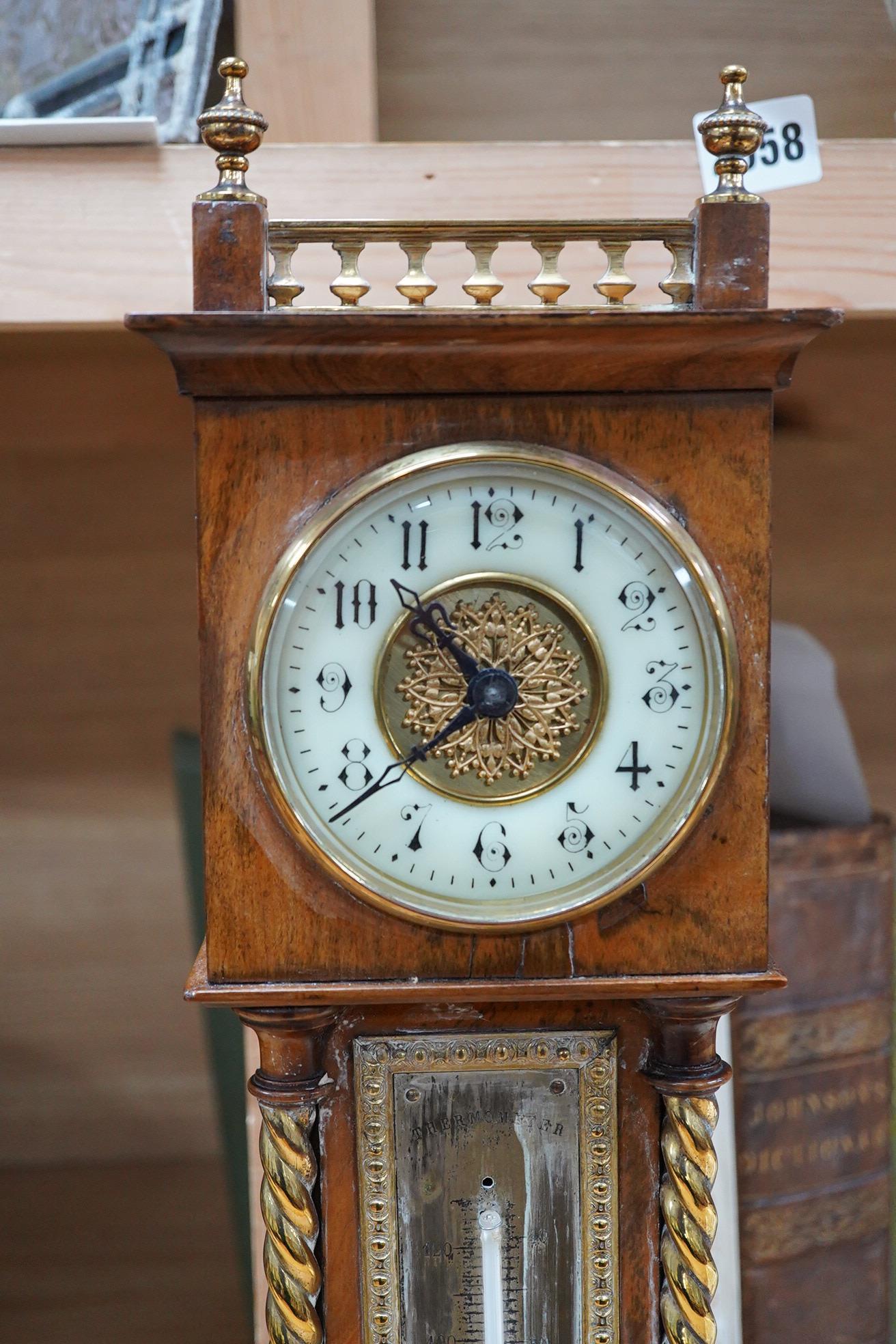 A miniature olivewood longcase timepiece with thermometer, 46cm high